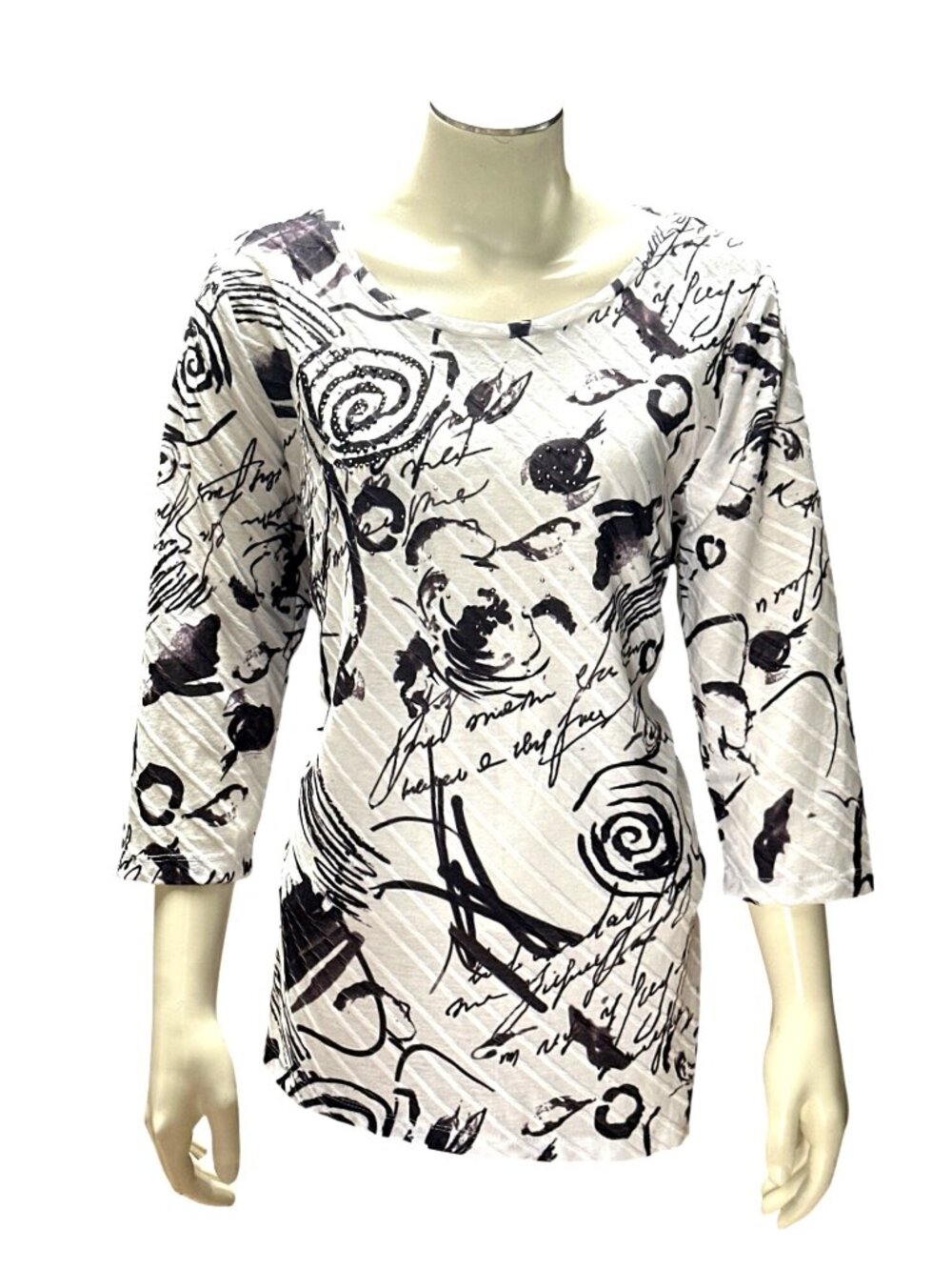Onque Casual Small Black White Graphic Print Three Quarter Sleeve Top Urban Chic